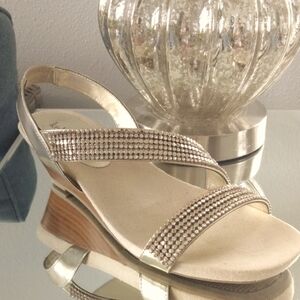 Gold Wedge Sandals with Rhinestone Straps